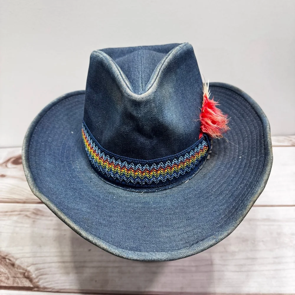 Vintage Denim Cowboy Hat By Canyon Trails Multicolor Ribbon & Feather 3” Brim - Picture 3 of 7